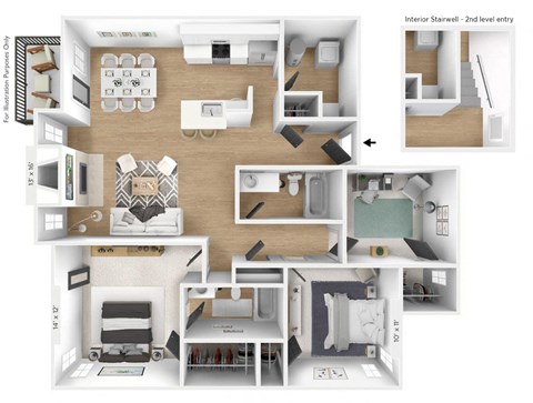 Floor plan for 3 beds, 2 baths, 1289 sqft